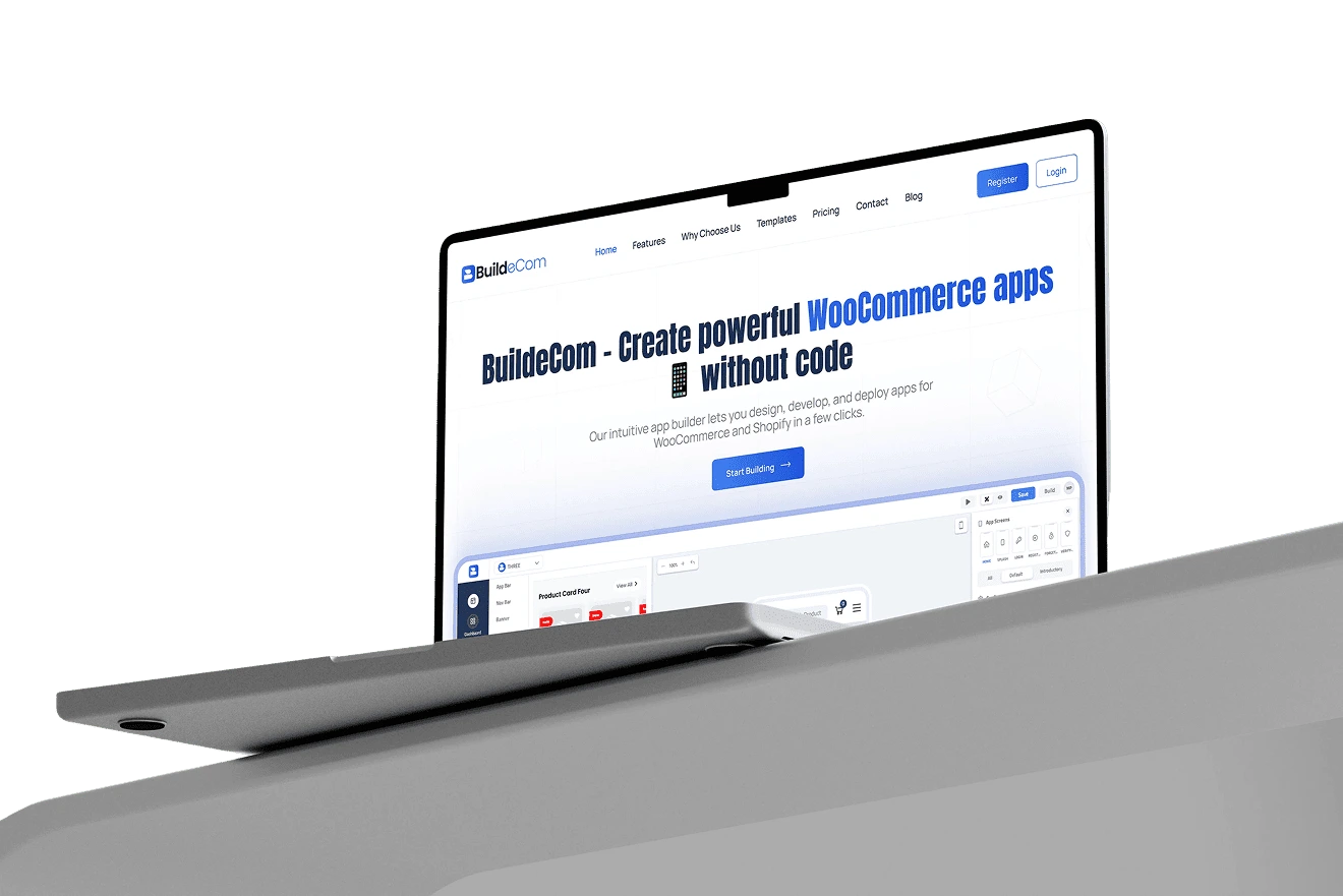 BuildeCom no-code app builder shown on a laptop